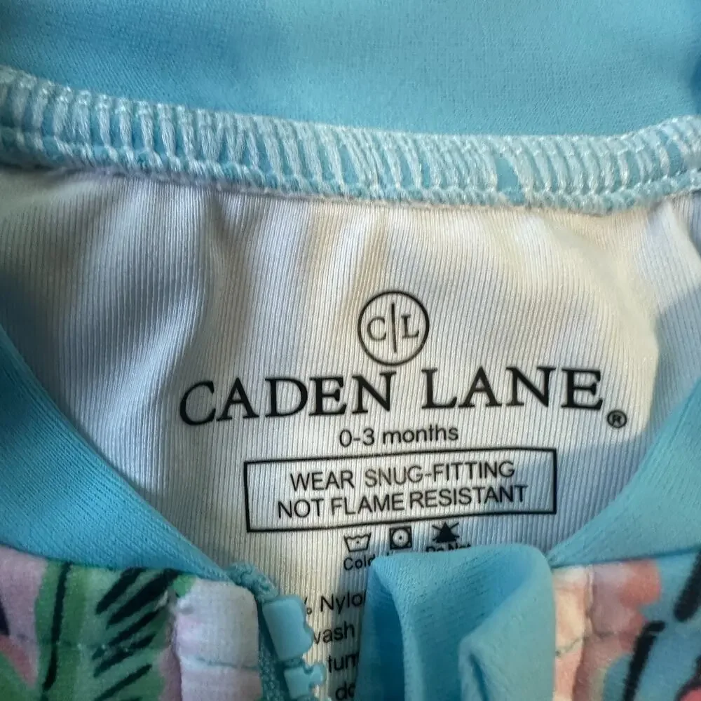 Caden Lane Rash Guard Romper Swimsuit 0-3 Months Palm Blue Pink Long Sleeve